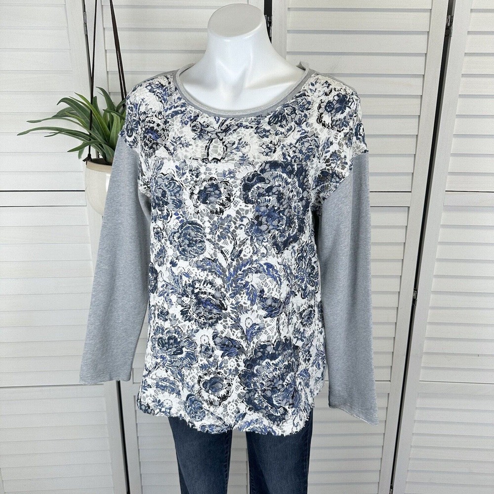 Sundance Catalog L Caraway Lace‎ Pullover Sweatshirt Top Gray Blue Floral Shirt